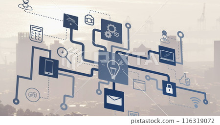 Image of icons flow chart over fog covered modern cityscape against sky 116319072