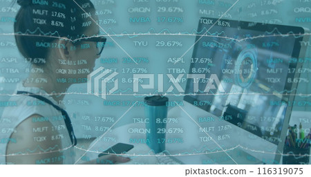 Image of trading board over asian woman sketching on desktop using graphics tablet Image of trading board over asian woman sketching on desktop using graphics tablet 116319075