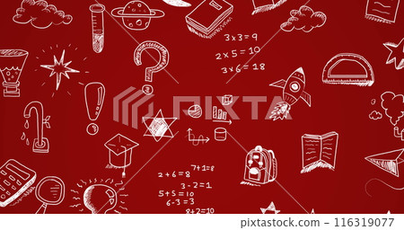 Image of drawing of moon, stars, bulb, school supplies, rocket, mortarboard over red background 116319077
