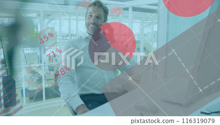 Image of infographic interface over caucasian man talking on smartphone in office Image of infographic interface over caucasian man talking on smartphone in office 116319079