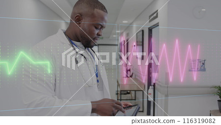 Image of data processing over african american male doctor in hospital 116319082