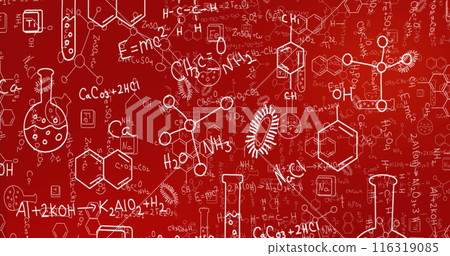 Image of molecule structures, formula, beakers and microorganisms over red background Image of molecule structures, formula, beakers and microorganisms over red background 116319085