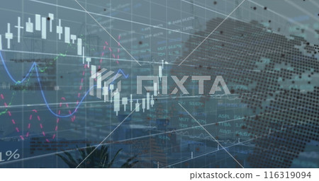 Image of rotating globe, graphs and trading board over modern city in background 116319094