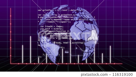 Image of circles on lines of graph over grid pattern and computer language against globe 116319100