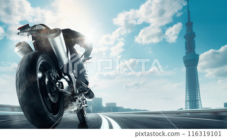 Motorcyclist leans into curve on sunny day, racing on urban track with tall city tower in the background, showcasing the thrill and speed of motorsport against a modern skyline. Motorcyclist leans into curve on sunny day, racing on urban track with tall city tower in the background, showcasing the thrill and speed of motorsport against a modern skyline. 116319101