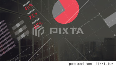 Image of multicolored infographic interface over modern cityscape against sky 116319106
