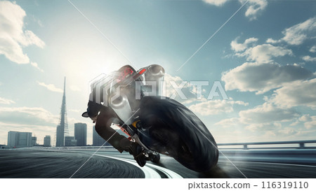 Motorcyclist leans into sharp curve, riding bike on modern city racetrack, with the sun shining brightly. Motorcyclist leans into sharp curve, riding bike on modern city racetrack, with the sun shining brightly. 116319110