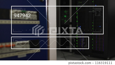 Image of changing numbers and graph over data server room Image of changing numbers and graph over data server room 116319111