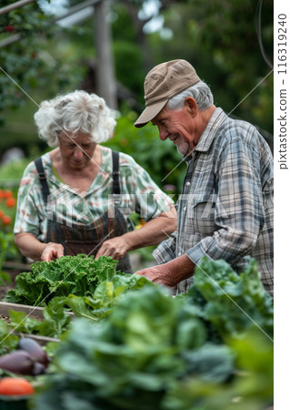 Elderly Couple Harvesting Green Vegetables in a Garden 116319240
