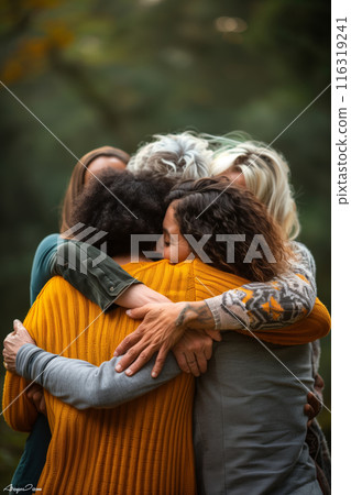 Diverse Group of Friends Embracing in a Lush Forest Setting Diverse Group of Friends Embracing in a Lush Forest Setting 116319241