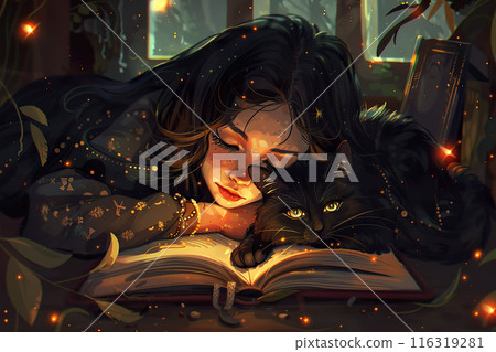 A young witch and her familiar cat peacefully curl up together over an open book. 116319281