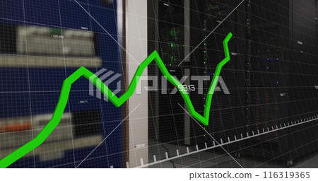 Image of graph with changing numbers over illuminated data server systems in server room 116319365