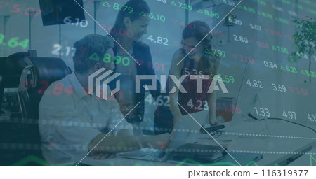 Image of multicolored trading board over caucasian coworkers discussing on desk 116319377