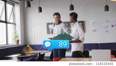 Image of numbers in notification bars, speech bubbles, diverse coworkers discussing reports 116319385