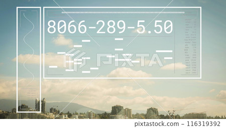 Image of changing numbers, graph over modern city and mountain against cloudy sky Image of changing numbers, graph over modern city and mountain against cloudy sky 116319392