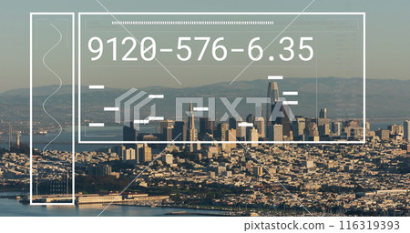 Image of graphs, loading bars and changing numbers over modern city against sea and mountains 116319393