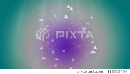 Image of purple pattern in connected icons forming globe against blue background 116319404