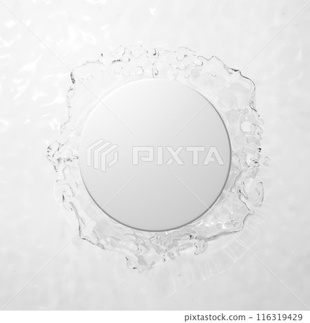 A white pedestal floating on the water with a white background. Splashes. 3D (top view) A white pedestal floating on the water with a white background. Splashes. 3D (top view) 116319429