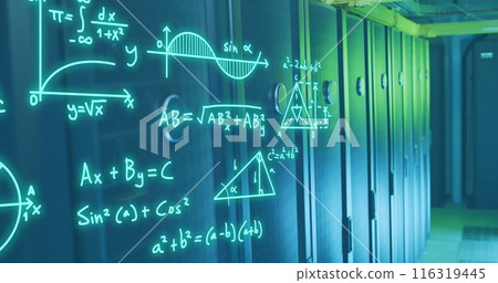 Image of mathematical equation and diagrams over data server room 116319445