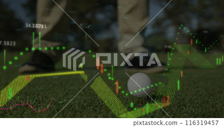 Image of graphs with numbers over low section of caucasian man hitting golf ball with club Image of graphs with numbers over low section of caucasian man hitting golf ball with club 116319457