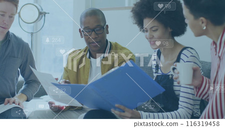 Image of notification bars over diverse coworkers sharing ideas in office 116319458