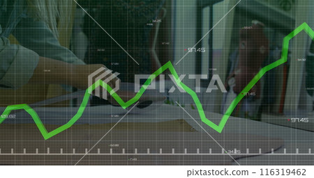 Image of graphs with changing numbers over caucasian woman drawing design outline on cloth Image of graphs with changing numbers over caucasian woman drawing design outline on cloth 116319462