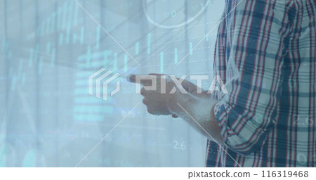 Image of multiple graphs, trading board, loading circles, caucasian man using cellphone Image of multiple graphs, trading board, loading circles, caucasian man using cellphone 116319468