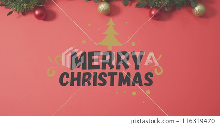 Image of merry christmas text and tree icon over baubles and leaves against red background 116319470