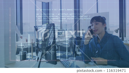 Image of graphs and computer language over asian woman talking on cellphone in office Image of graphs and computer language over asian woman talking on cellphone in office 116319471