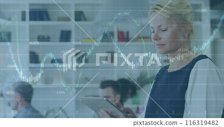 Image of multiple graphs with changing numbers, caucasian woman using digital tablet in office Image of multiple graphs with changing numbers, caucasian woman using digital tablet in office 116319482
