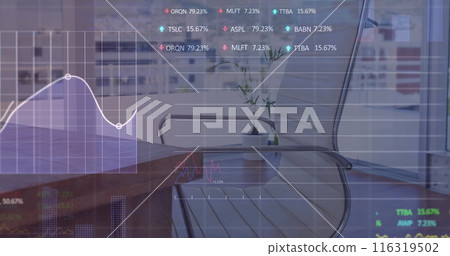 Image of statistical data processing against view of a office desk 116319502