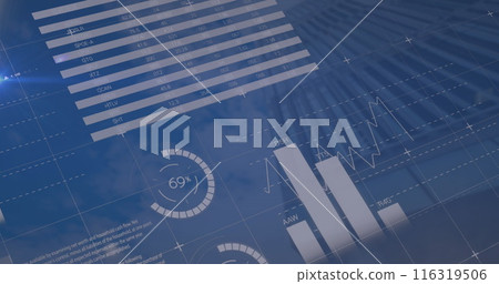 Image of infographic interface over low angle view of modern building against cloudy sky Image of infographic interface over low angle view of modern building against cloudy sky 116319506