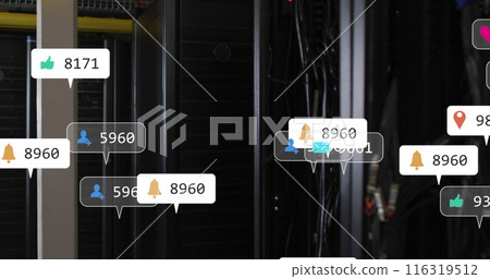Animaton of social media icons against close up of a computer server Animaton of social media icons against close up of a computer server 116319512