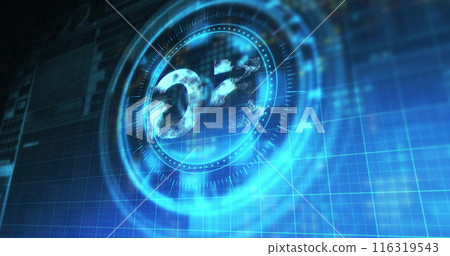 Image of 5g text, scope scanning and network of connections over dark background 116319543