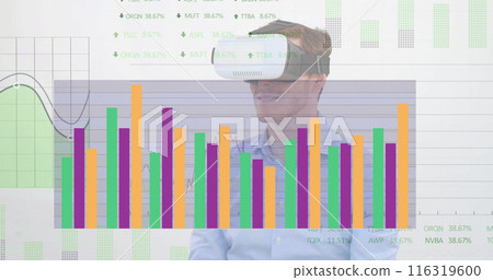 Image of diagrams and data processing over caucasian man using vr headset Image of diagrams and data processing over caucasian man using vr headset 116319600