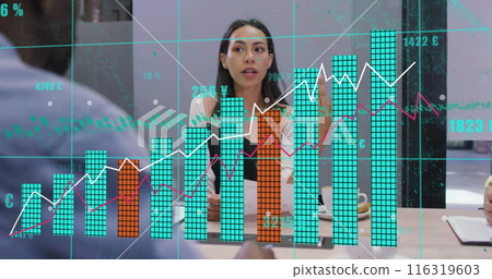 Image of diagrams and data processing over diverse business people at meeting Image of diagrams and data processing over diverse business people at meeting 116319603