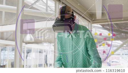 Image of scope scanning and data processing over caucasian woman using vr headset 116319610