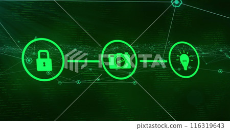 Image of green icons and network of connections on black background 116319643