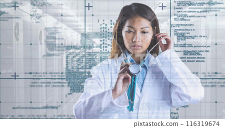 Image of financial data processing over caucasian female doctor Image of financial data processing over caucasian female doctor 116319674