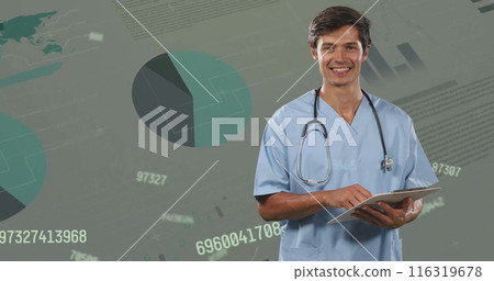 Image of financial data processing over caucasian male doctor Image of financial data processing over caucasian male doctor 116319678