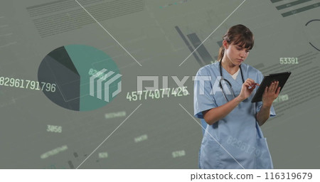 Image of financial data processing over caucasian female doctor 116319679