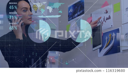 Image of statistics recording and data processing over woman talking on her smartphone Image of statistics recording and data processing over woman talking on her smartphone 116319680
