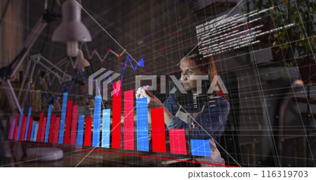 Image of financial data processing over caucasian woman in workshop Image of financial data processing over caucasian woman in workshop 116319703