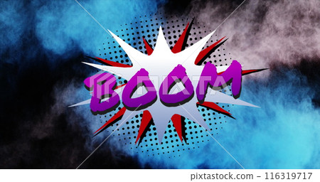 Image of Boom text over comic retro speech bubble with blue and grey cloud of smoke and powder on bl Image of Boom text over comic retro speech bubble with blue and grey cloud of smoke and powder on bl 116319717