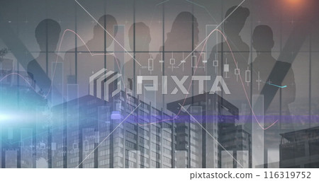 Image of statistics and financial data processing over businesspeople and cityscape 116319752