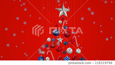 Image of snow falling over christmas tree on red background 116319798