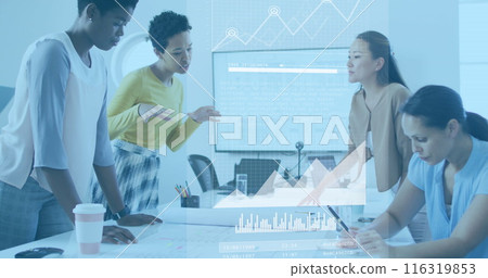 Image of statistical data processing over group of diverse women discussing together at office 116319853