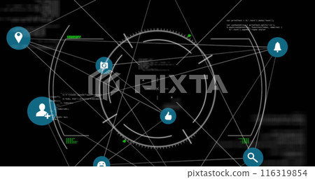 Image of connected icons and circles with computer language over black background 116319854