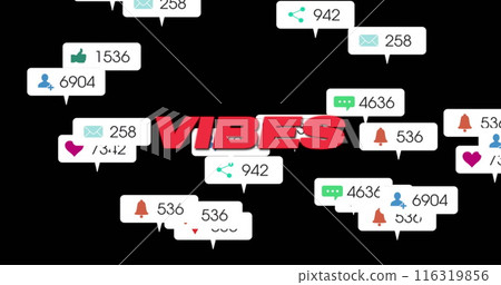 Image of vibes text in red over social media notifications on black background 116319856