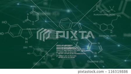Image of scientific data processing over connections on green background Image of scientific data processing over connections on green background 116319886